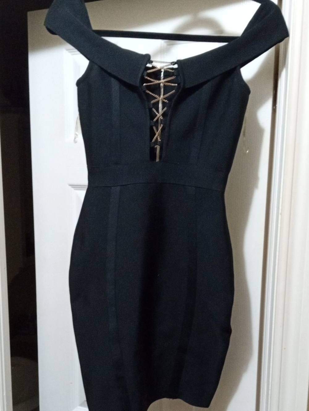 Black Off-Shoulder Lace-Up Sheath Dress As New